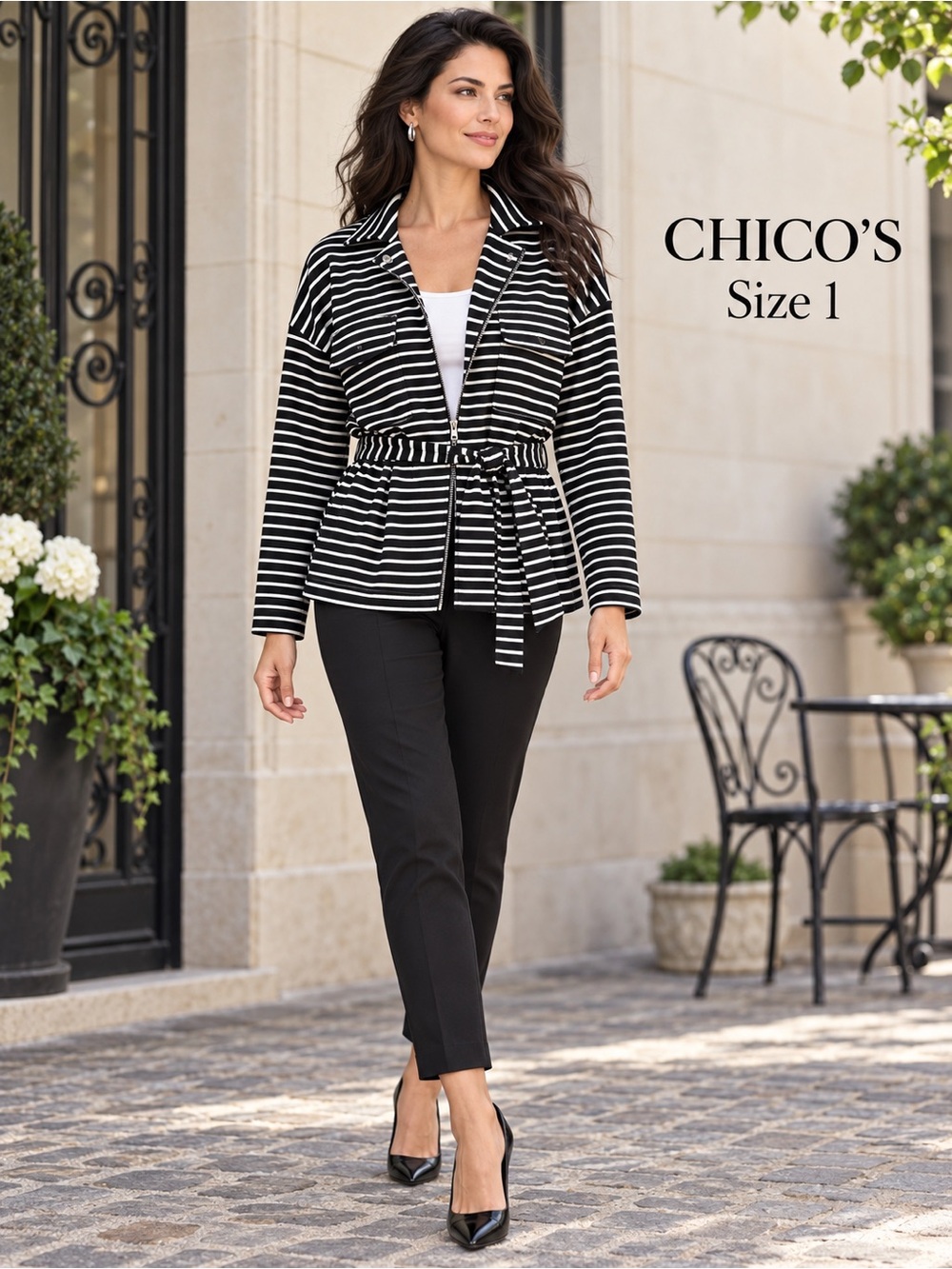 Chico’s Black White Striped Belted Zip Utility Jacket Size 1 Medium